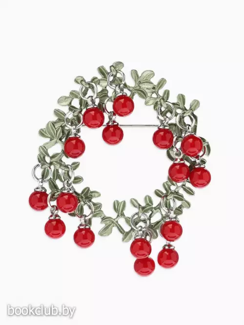 Брошь «Венок», брусничный, красно-зелёная в серебре