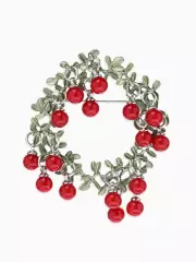Брошь «Венок», брусничный, красно-зелёная в серебре