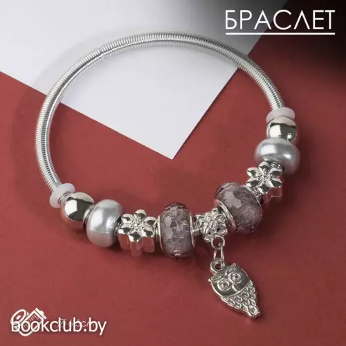Браслет с жемчугом «Марджери» сова, цвет серый в серебре, d=6,5 см