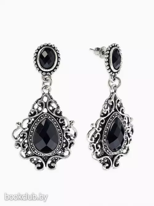 Серьги со стразами «Изящность», ажурная, чёрные в чернёном серебре