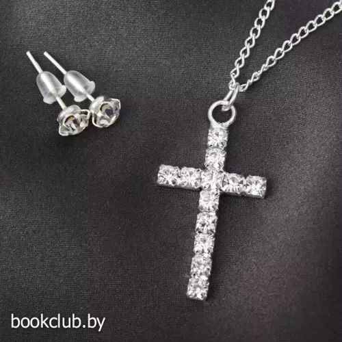 Гарнитур: серьги, кулон «Крестик» (белый в серебре)