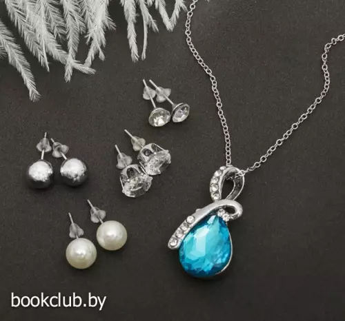 Кулон «Капелька» + серьги (4 комплекта)(Цвет: Бело-голубой в серебре)