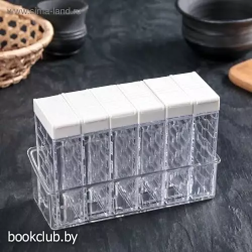 Ёмкости для специй «Компакт», набор 6 шт. на подставке, двусторонний дозатор, 16?11?7 см, прозрачные