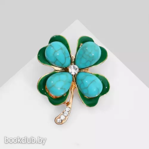 Брошь «Клевер» с бирюзой, цветная в золоте