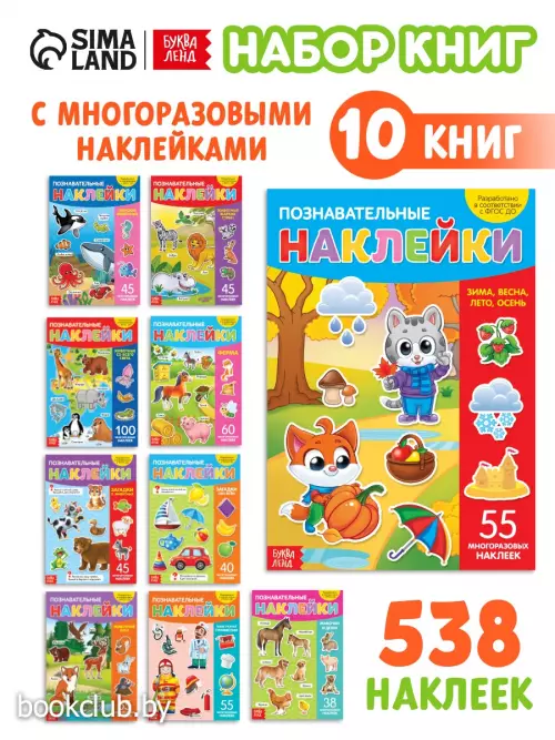 Книги с наклейками многоразовыми «Познавательные», набор 10 шт.