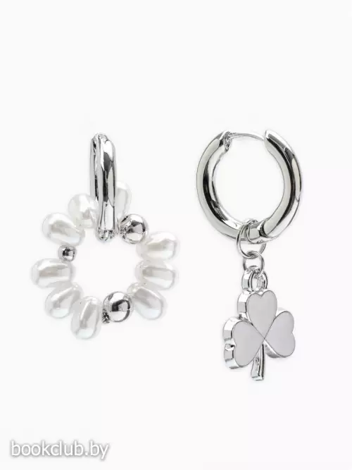 Серьги со съёмным элементом «Трансформер», клевер-сердце, бело-бежевые в серебре