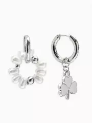 Серьги со съёмным элементом «Трансформер», клевер-сердце, бело-бежевые в серебре