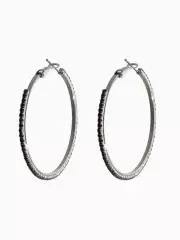 Серьги кольца со стразами QF «Сумерки», d=5 см, чёрные в серебре