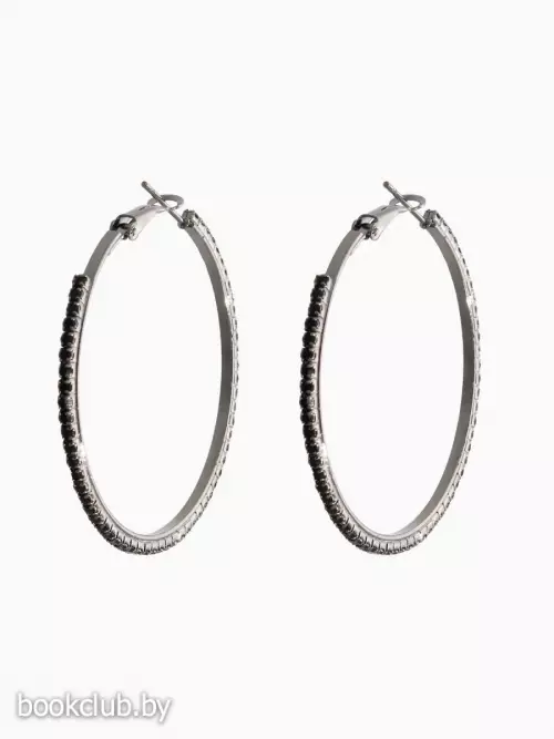 Серьги кольца со стразами QF «Сумерки», d=5 см, чёрные в серебре