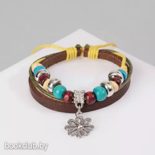Браслет кожаный «Цветок» с бусинами 