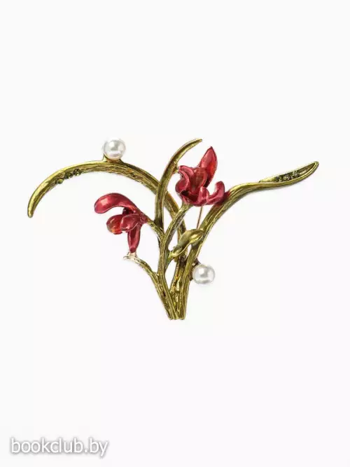 Брошь «Цветы Ирисы с жемчугом», красная, зелёная