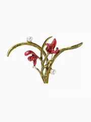 Брошь «Цветы Ирисы с жемчугом», красная, зелёная