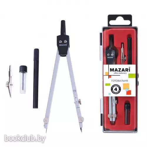 Готовальня из 4 предметов (циркуль, насадка на рейсфедер, держатель для рейсфедера, грифели в футляре)