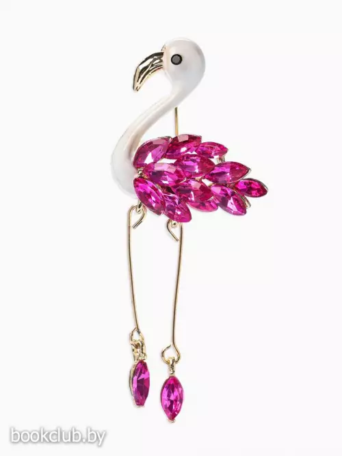 Брошь «Фламинго», кристалл, ноги двигаются, белая, малиновый золоте