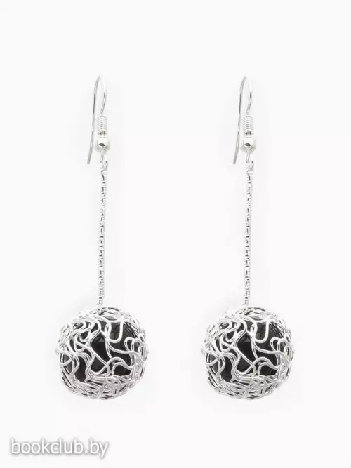 Серьги висячие «Шар плетёный», чёрные в серебре, 6.5 см