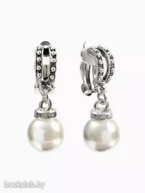 Серьги клипсы для ушей QF «Грейс», две линии с бусинами, белые в чернёном серебре