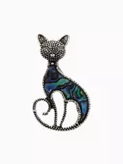 Брошь «Галиотис», кошка грациозная, зелёная в чернёном серебре