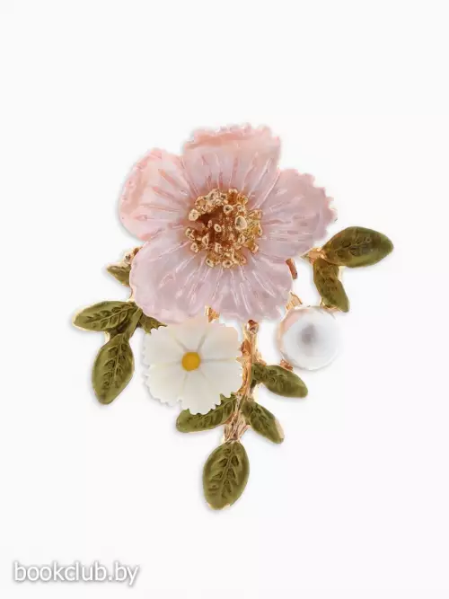Брошь «Цветы на ветке», розовая, белый в золоте