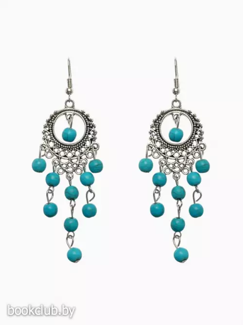 Серьги «Бирюзовый мир», круг и 5 дорожек бусинок, голубые в чернёном серебре