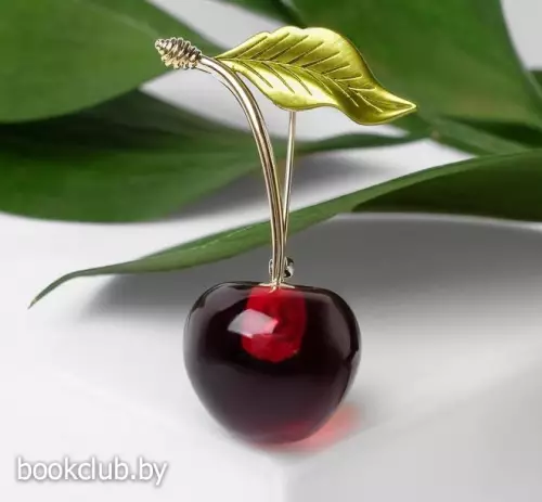 Брошь «Вишенка» с листочком, цвет бордово-зеленый в золоте