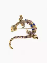 Брошь со стразами «Ящерица», разноцветная в чернёном золоте