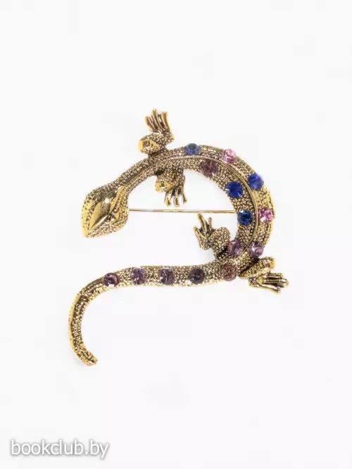 Брошь со стразами «Ящерица», разноцветная в чернёном золоте