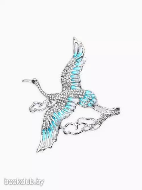 Брошь «Аист в облаках», белая, голубая в серебре