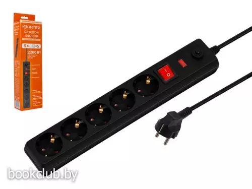Фильтр сетевой с заземлением черный, 5 м, 5 розеток, ЮПИТЕР