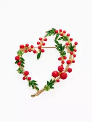 Брошь «Сердечко» брусника, красно-зелёная в золоте