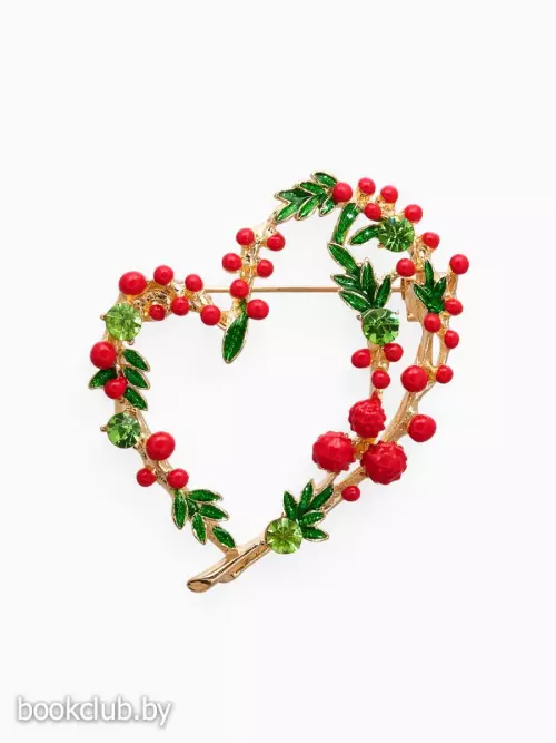 Брошь «Сердечко» брусника, красно-зелёная в золоте