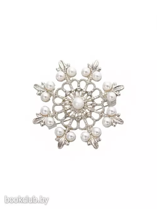 Брошь новогодняя «Снежинка лучистая», белая в серебре