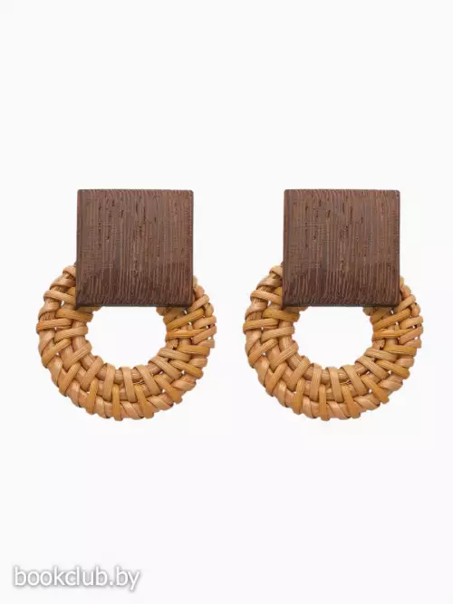 Серьги из дерева «Ваканда», кольцо в квадрате, бежево-коричневые