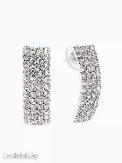 Серьги со стразами «Прямоугольник», 30×9 мм, белые в серебре