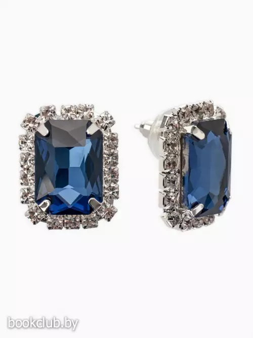 Серьги со стразами «Роскошь», прямоугольник, синий, белый в серебре