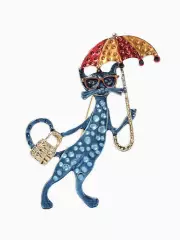 Брошь «Кошка с зонтом», разноцветная в золоте