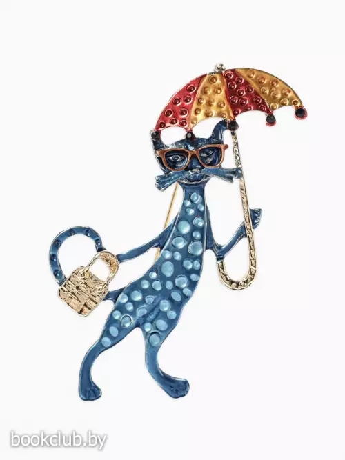 Брошь «Кошка с зонтом», разноцветная в золоте