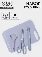 Набор кухонных принадлежностей «Для кухни», 4 предмета: доска, нож, ножницы, овощечистка, голубой