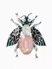 Брошь «Муха с резными крыльями», зелёная, розовая в чернёном серебре