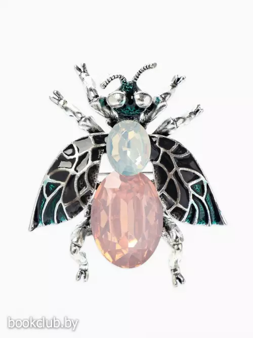 Брошь «Муха с резными крыльями», зелёная, розовая в чернёном серебре